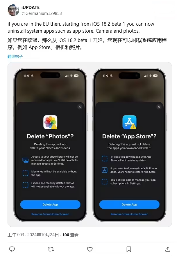 疏附苹果手机维修分享iOS 18.2 支持删除 App Store 应用商店 